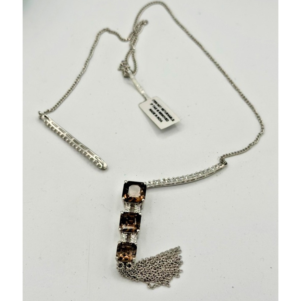 925 Sterling Silver Brown Gemstone CZ Tassel Necklace 14g Broken Repair